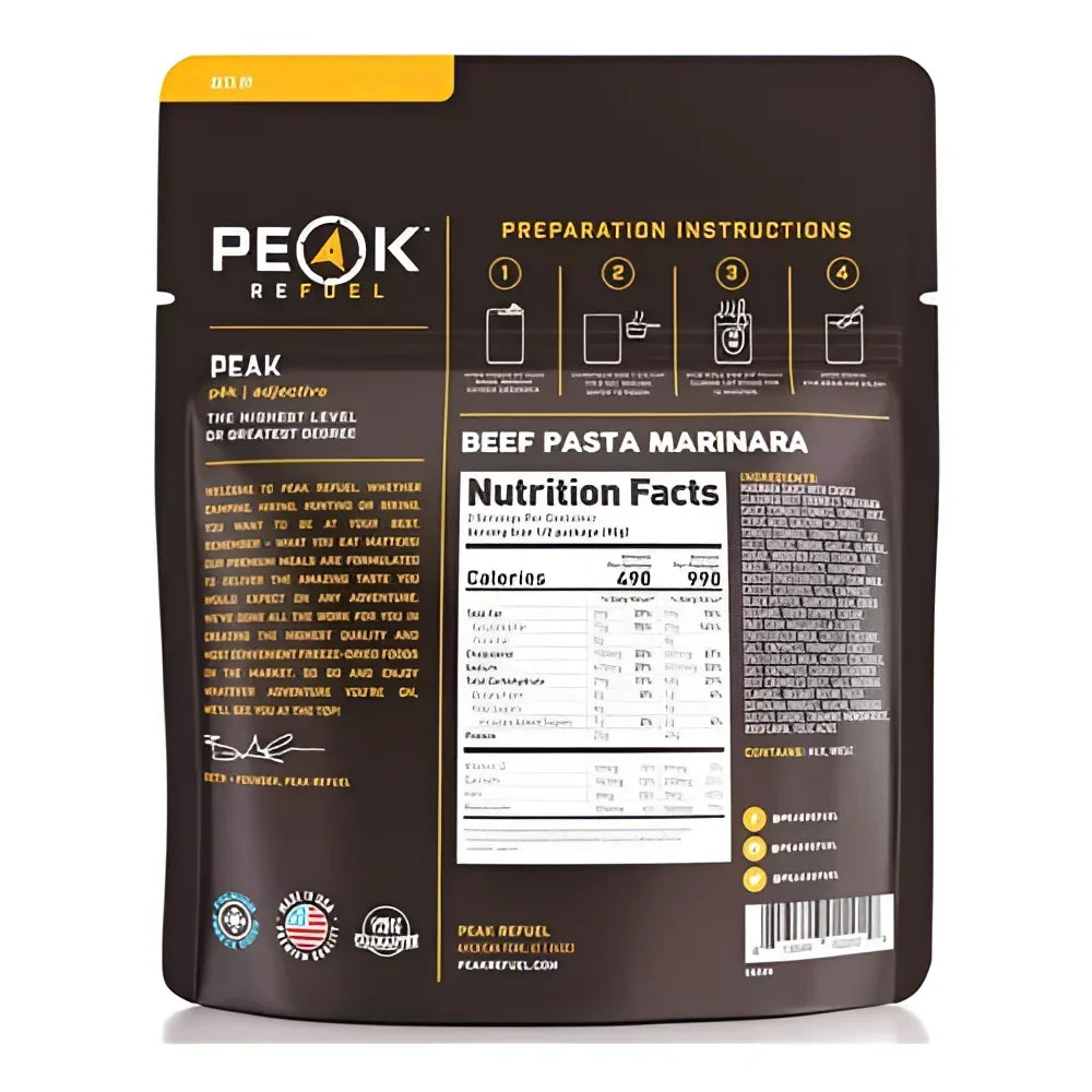 Back of Peak Refuel Beef Pasta Marinara Pouch