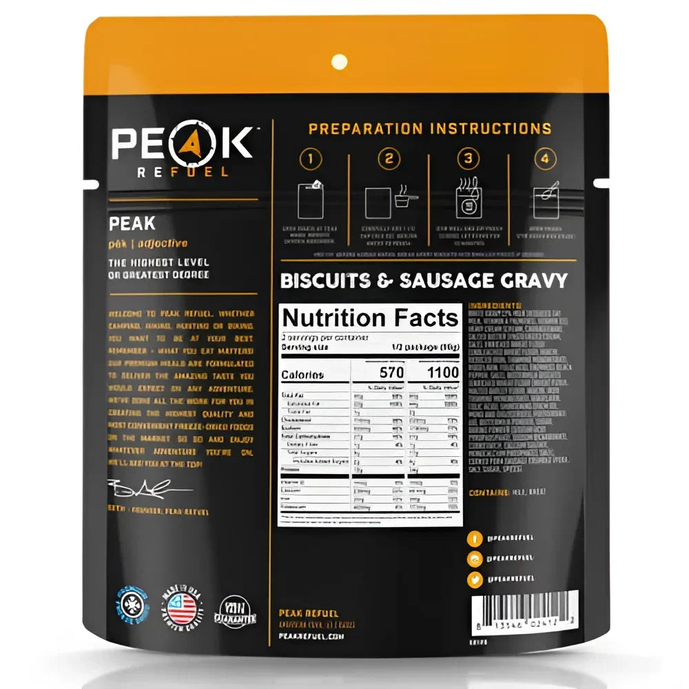 Back of Peak Refuel Biscuits & Sausage Gravy Pouch