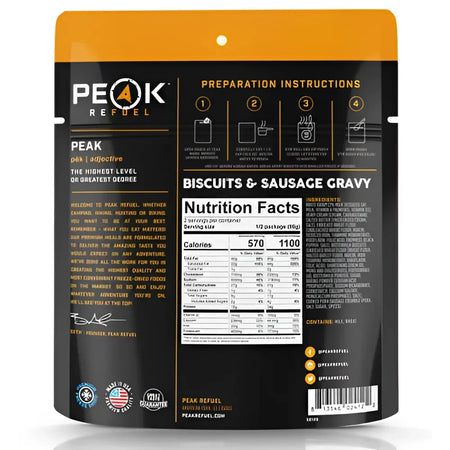 Back of Peak Refuel Biscuits & Sausage Gravy Pouch