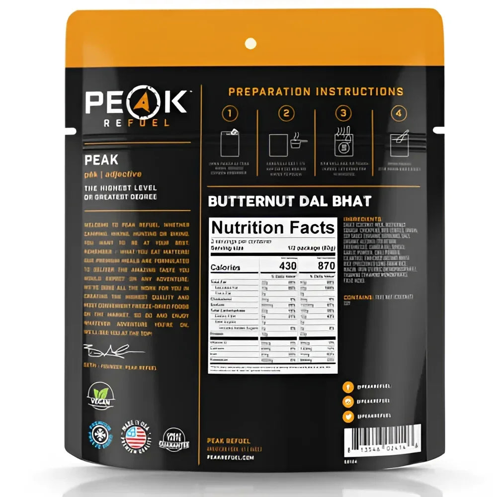 Back of Peak Refuel Butternut Dal Bhat Pouch