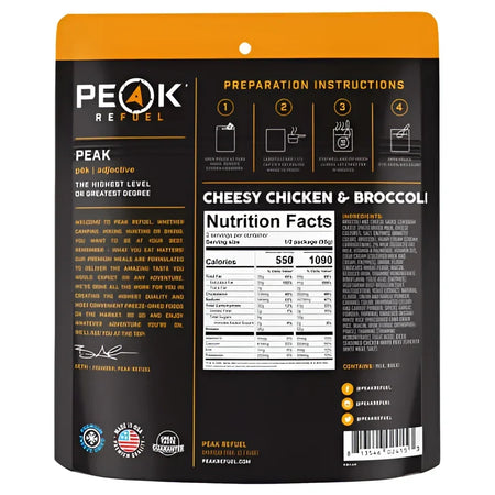 Back of Peak Refuel Cheesy Chicken & Broccoli Pouch
