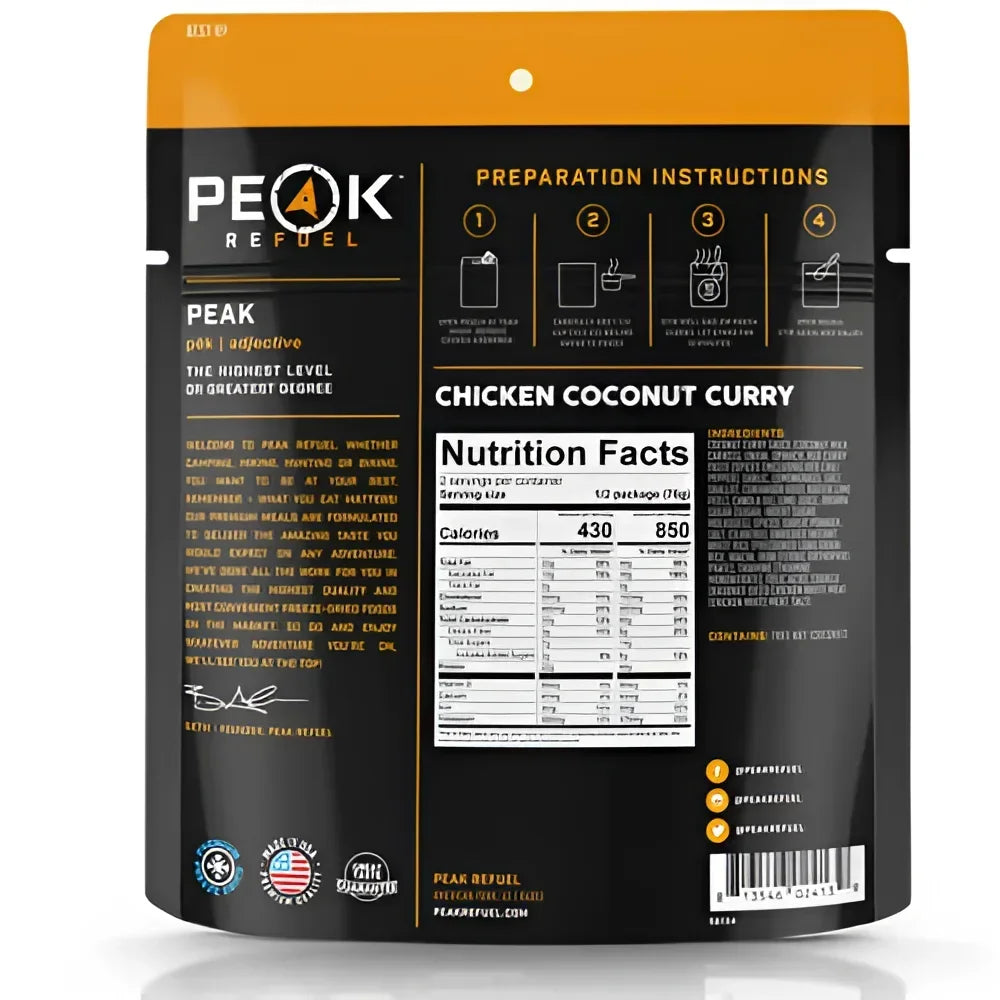 Back of Peak Refuel Chicken Coconut Curry Pouch