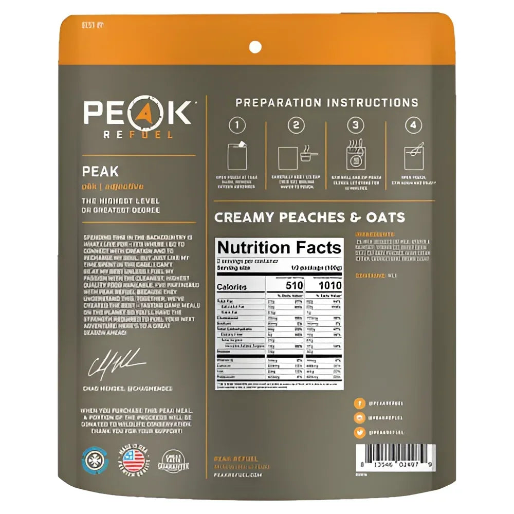 Back of Peak Refuel Creamy Peaches & Oats Pouch