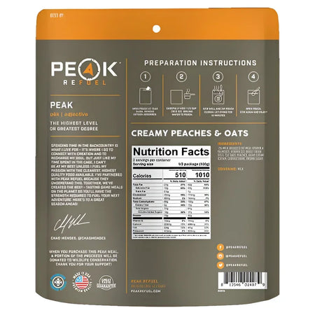 Back of Peak Refuel Creamy Peaches & Oats Pouch