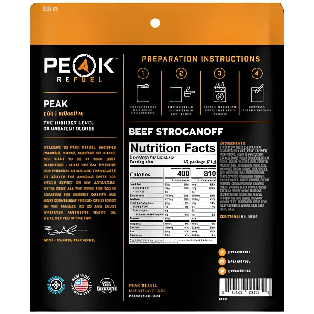 Back of Peak Refuel Beef Stroganoff Pouch