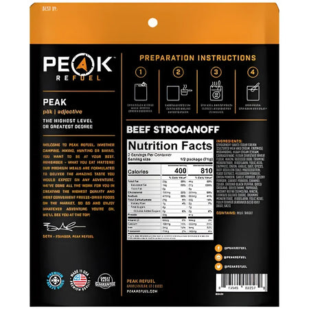 Back of Peak Refuel Beef Stroganoff Pouch