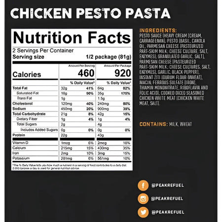 Back of Peak Refuel Chicken Pesto Pasta Pouch