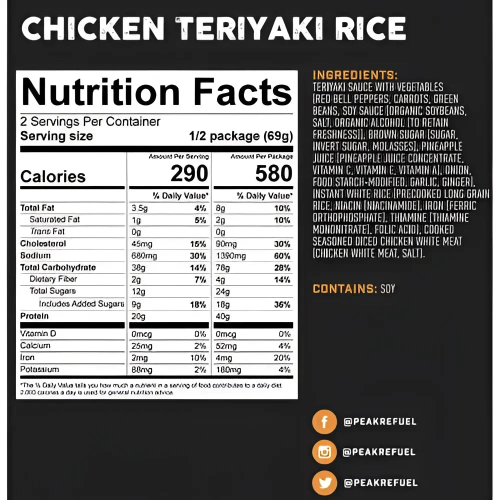 Back of Peak Refuel Chicken Teriyaki Rice Pouch