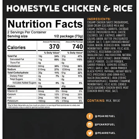 Back of Peak Refuel Homestyle Chicken & Rice Pouch