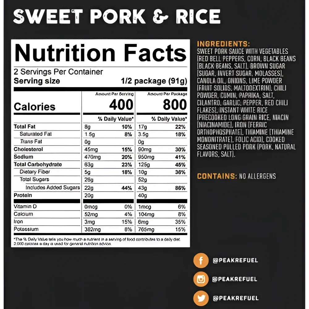 Back of Peak Refuel Sweet Pork & Rice Pouch