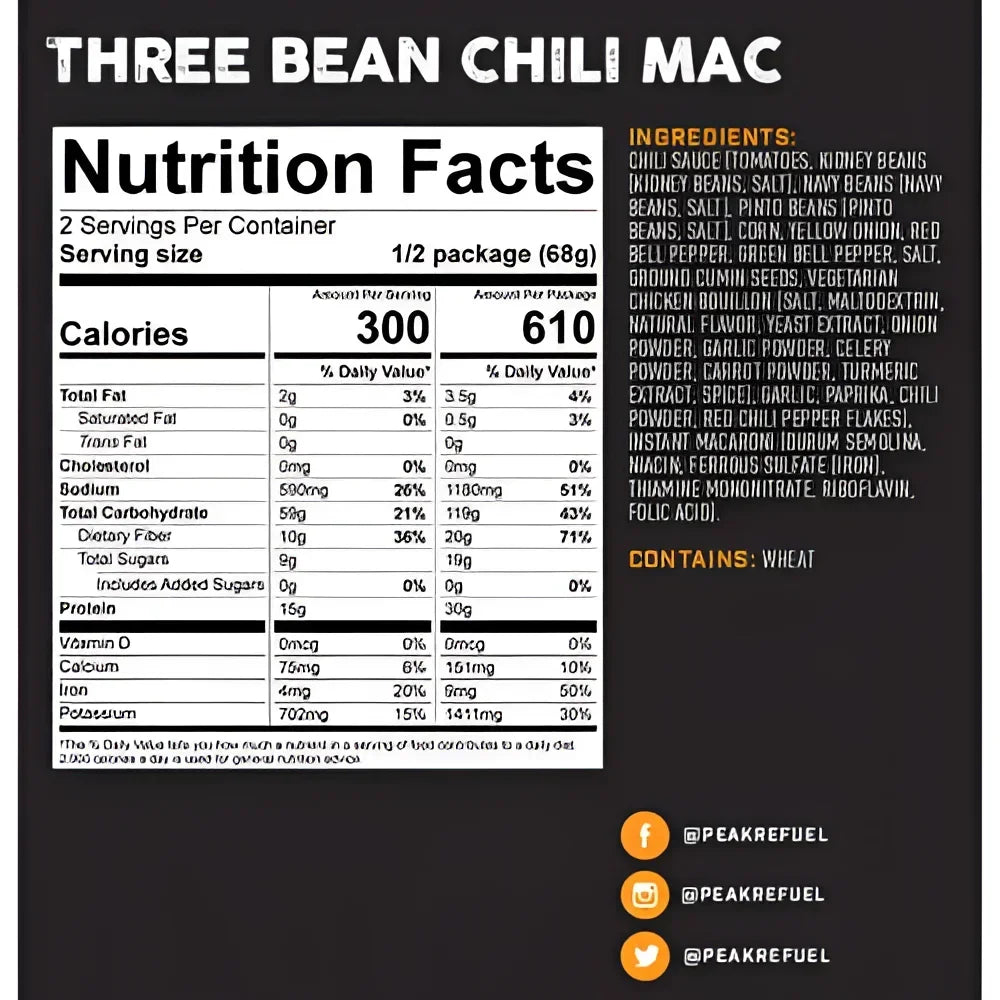 Back of Peak Refuel Three Bean Chili Mac Pouch