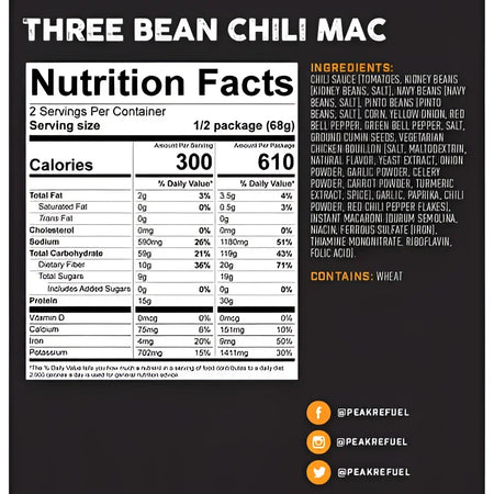 Back of Peak Refuel Three Bean Chili Mac Pouch