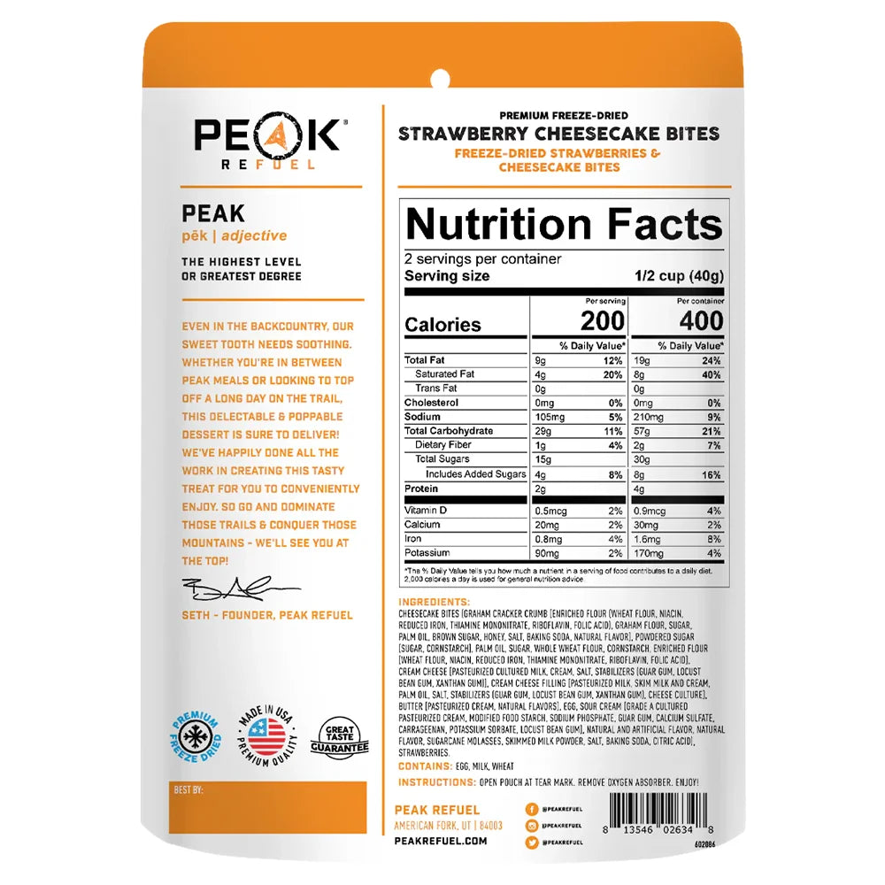 Back of Peak Refuel STRAWBERRY CHEESECAKE BITES Pouch