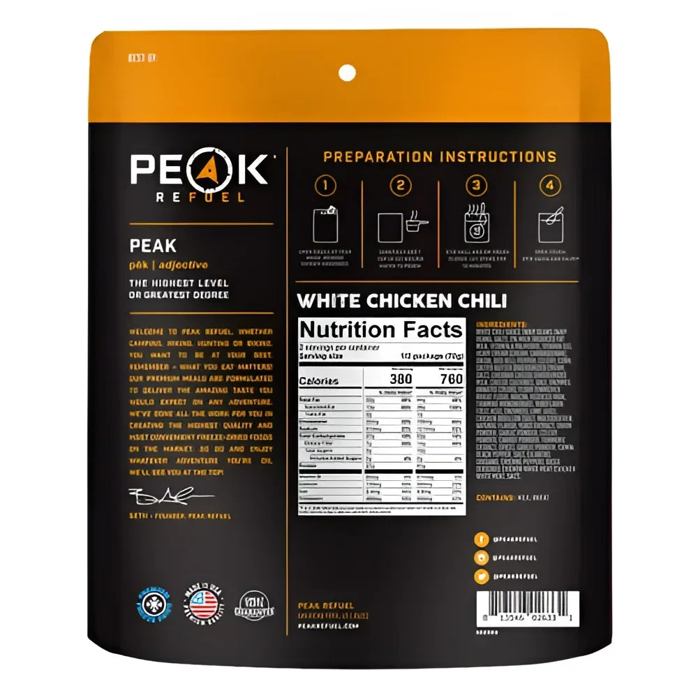 Back of Peak Refuel WHITE CHICKEN CHILI Pouch