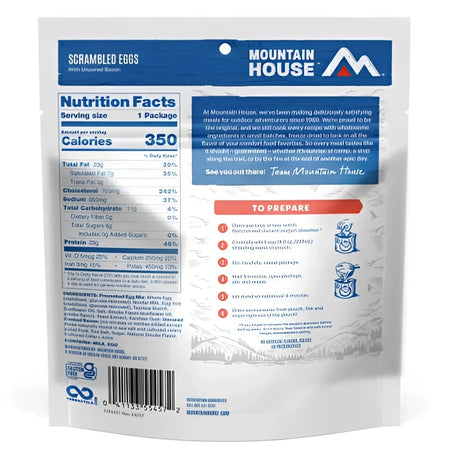 Back of Mountain House Scrambled Eggs with Bacon Pouch