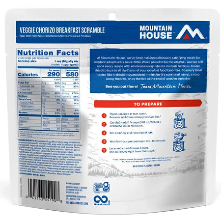 Back of Mountain House Veggie Chorizo Breakfast Scramble Pouch